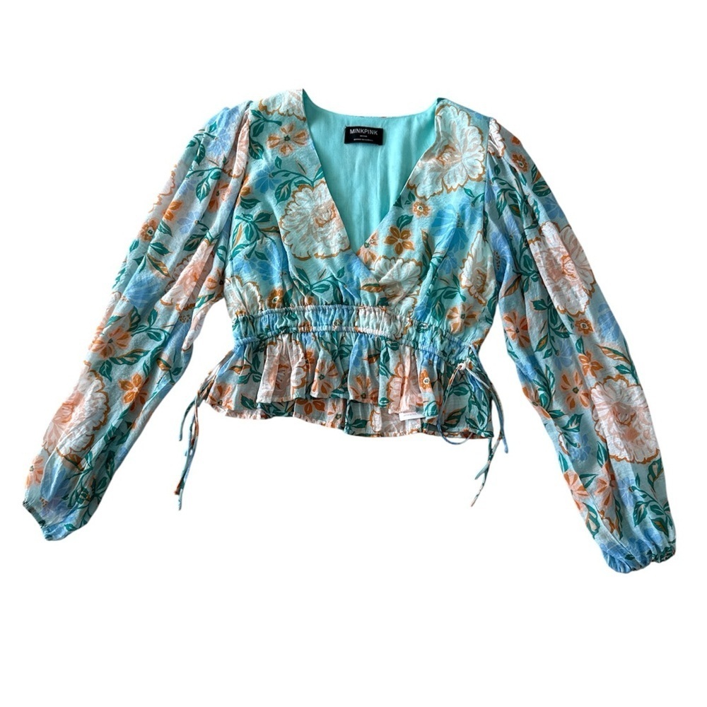 MINKPINK V-Neck Floral Sheer Top Blue Medium - Picture 2 of 10